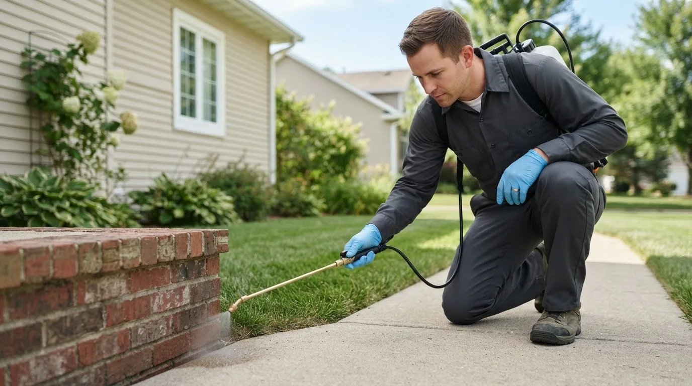 Pest control technician treating a home near Lindstrom, MN